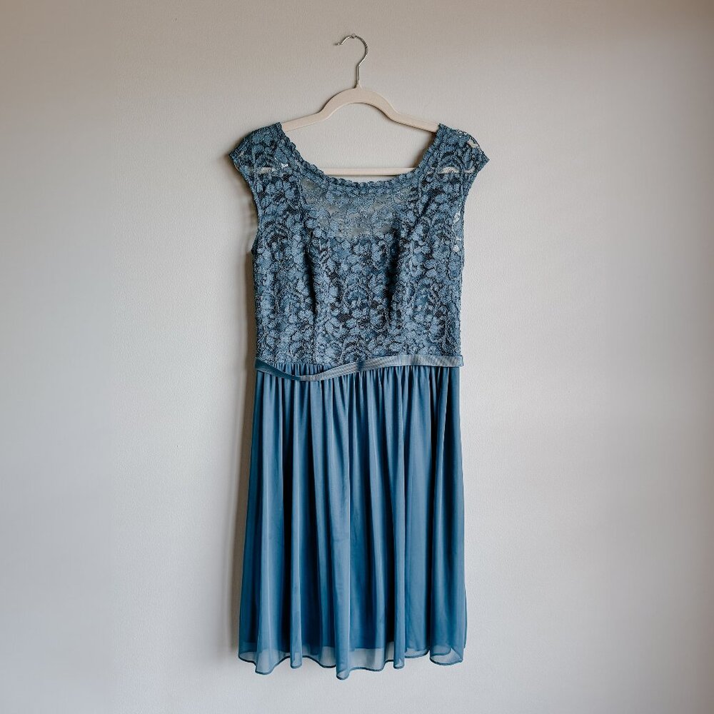 David's Bridal Slate Blue Bridesmaid Dress